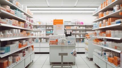 Wall Mural - Photo of inside pharmacy shop, shelves with many medicine and otc products, ultra photo realistic