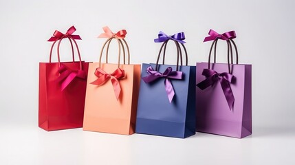 Wall Mural - Colorful shopping paper bags with ribbons on white background, high quality photo, 8K