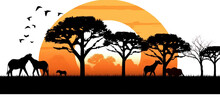 Black Silhouette Of Wild Animals, Trees And Sun, Isolated On Transparent Background.