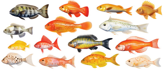 Wall Mural - Collection of different fishes, isolated on transparent background.