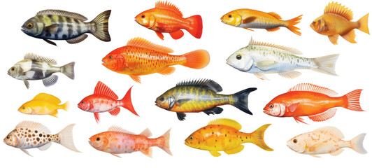 Poster - Collection of different fishes, isolated on transparent background.