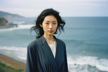 portrait headshot of a young asian/korean/japanese woman with long dark hair traveling in nature vacation lake summer blue sky portra magazine editorial film look