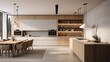 The kitchen is located in a rectangular room measuring 5 meters in length and 3 meters in width. There is a full-height, panoramic window on one of the long walls of the room, 