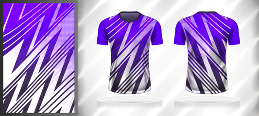 Vector sport pattern design template for V-neck T-shirt front and back with short sleeve view mockup. Dark and light shades of purple with white color gradient abstract line texture background.
