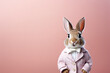 Easter bunny dressed in a suit with bow tie on pink background