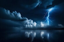 Black Dark Blue Night Sky With Clouds And Stars. A Storm Is Coming, Thunder, Rain. Lightning Flashes. Glow. Dramatic.