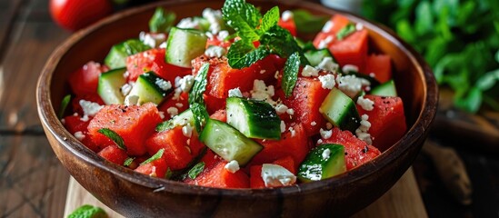 Canvas Print - Refreshing salad made with organic watermelon, mint, feta, and cucumber.