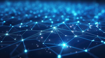 Blue abstract background with a cyber network grid and connected particles.