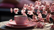 Cup of coffee in a cafe on a background of pink sakura flowers.