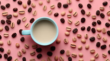 Top View Of Cup Of Coffee With Milk On Pink Background With Scattered Coffee Beans