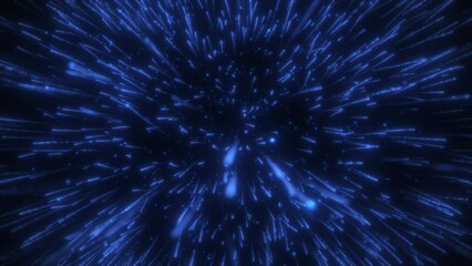 Cosmic rotating creative sci-fi futuristic flow of chaotically moving animated blue colored particle lines. Festive glowing blue abstract fireworks.