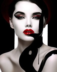 Wall Mural - A womans face is full of red lipsticks
