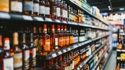 Rows of alcohol bottles on shelf in supermarket