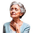 Mulher idosa com a mão no pescoço visto de perto, isolado, em fundo transparente, png. Idosa com dor de garganta.