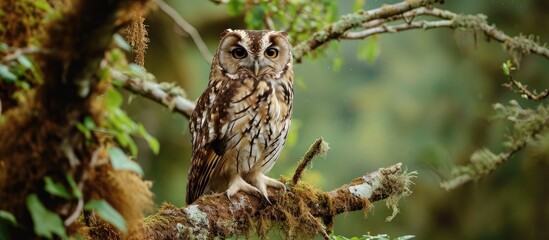 A nocturnal owl perches on a branch in Cruce Caballero Reserve, Misiones, Argentina.