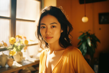 portrait headshot of a young asian/korean/japanese woman with long dark hair clean natural skin for commercial skincare beauty with natural light background portra magazine editorial film look