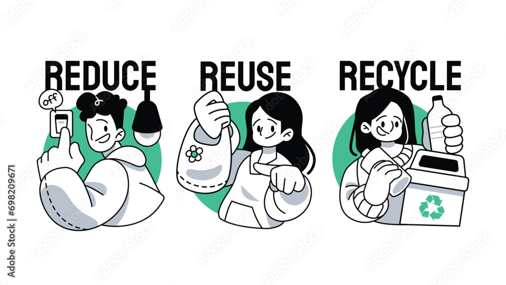 Reduce, Reuse, Recycle 3R Concept Symbol with People Vector ...