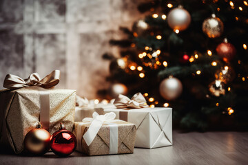 Wall Mural - Merry Christmas and Happy New Year background with copy space. Xmas gifts box and Christmas balls, festive bokeh. Design for poster, holiday banner, flyer or greeting card.