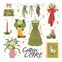 A Set Of Cute Cottage Core Style Elements. Rural Girl Aesthetics. Flowers, Retro Clothes, Vintage Dresses. Vector, Flat, Cartoon Illustration