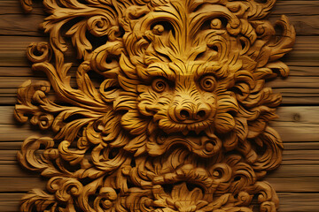 Wall Mural - Wooden baroque lion ornament seamless, carve decoration wood background