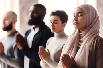 Wall Mural - Multiethnic people praying for blessings from god. AI generative