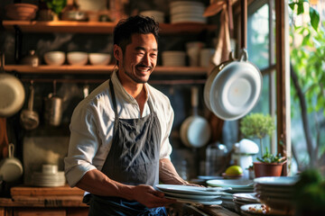 Wall Mural - A young man of oriental appearance collects clean dishes in the kitchen