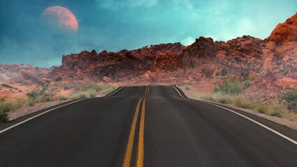 Wall Mural - surreal road run to the horizon 4k loop features a desert mountainous landscape with a road moving t
