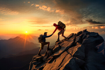 a mountaineer helps his friend reach the top of the mountain