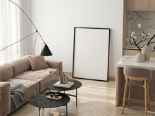 Frame Mockup, ISO A Paper Size. Living Room Wall Poster Mockup. Interior Mockup With House Background. Modern Interior Design. 3D Render
