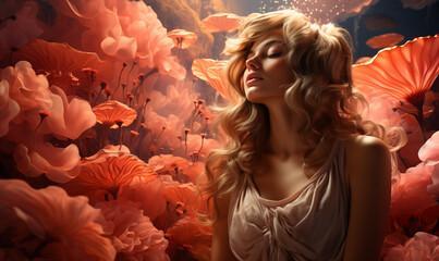 Wall Mural - Portrait of a beautiful young woman surrounded by flowers. Beauty, fashion.