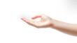 Person holding out their hand on white background. Can be used to represent help, assistance, or support.
