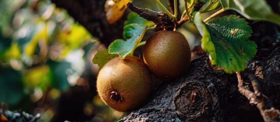 Poster - Two kiwi fruits on the tree's bottom level.