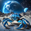  A portrait in blue light of very large blue crab with large claws on the moons surface. 