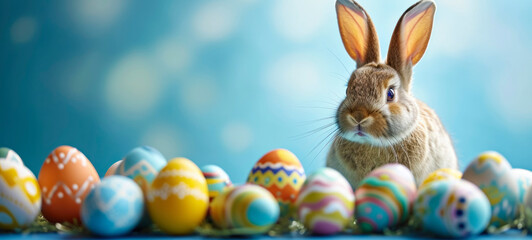 Wall Mural - Easter banner with colorful eggs and a little bunny rabbit on a blue background