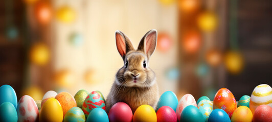 Wall Mural - Easter bunny sitting among many colored eggs, holiday banner or greeting card