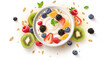 Delicious bowl of yogurt topped with fresh fruit and crunchy nuts. Perfect for healthy breakfast or snack.
