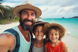 Fototapeta Do akwarium - Happy family taking selfie at the beach