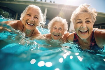 Wall Mural - Group portrait of happy senior women swimming in pool