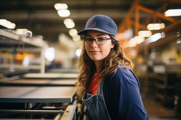 Wall Mural - Portrait of a smiling young woman in factory