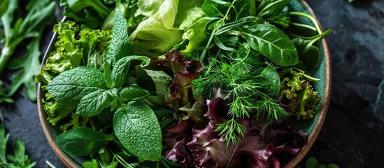 Poster - Assorted leafy greens and herbs in a salad bowl, viewed from above.