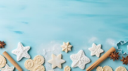 Sticker -  a table topped with cookies and icing next to a cookie cutter and a cookie cutter on top of a cookie sheet.