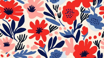 Wall Mural -  a red, white, and blue flower pattern on a white background with blue and red flowers on a white background.