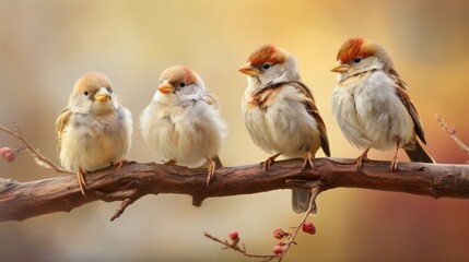 Poster -  a group of small birds sitting on top of a tree branch in front of a blurry background of leaves.