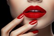 Beautiful sensual young woman with red lips and nails, close up. Make up and Manicure concept.