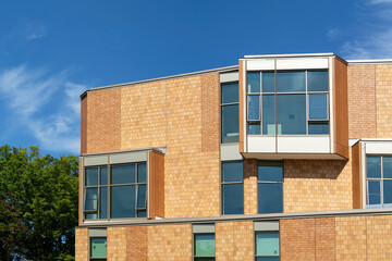 Modern building with angled protruding window in Brookline, MA, USA