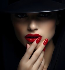 Wall Mural - cropped view of seductive woman with red lips and makeup showing shh symbol, mysterious girl hiding a secret, isolated on black dark background, banner wallpaper