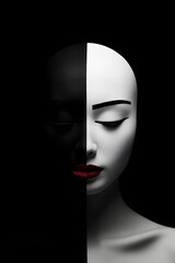 Wall Mural - Black and white dramatic portrait of beautiful young woman standing in a dark and holding a white mask, incognito, hiding a secret, mystery concept . Black studio background