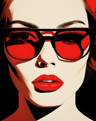 Wall Mural - red black and white silhouette of woman face with red lips wearing sunglasses, vector icon ready to print, design as banner isolated on white background, bright colors, retro vintage poster superwoman