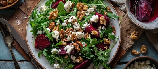 Poster - Top view of a salad with beets, arugula, feta, and walnuts.