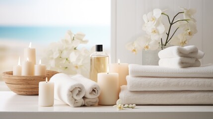 Poster -  a table topped with lots of white towels next to a vase filled with flowers and a bottle of lotion.